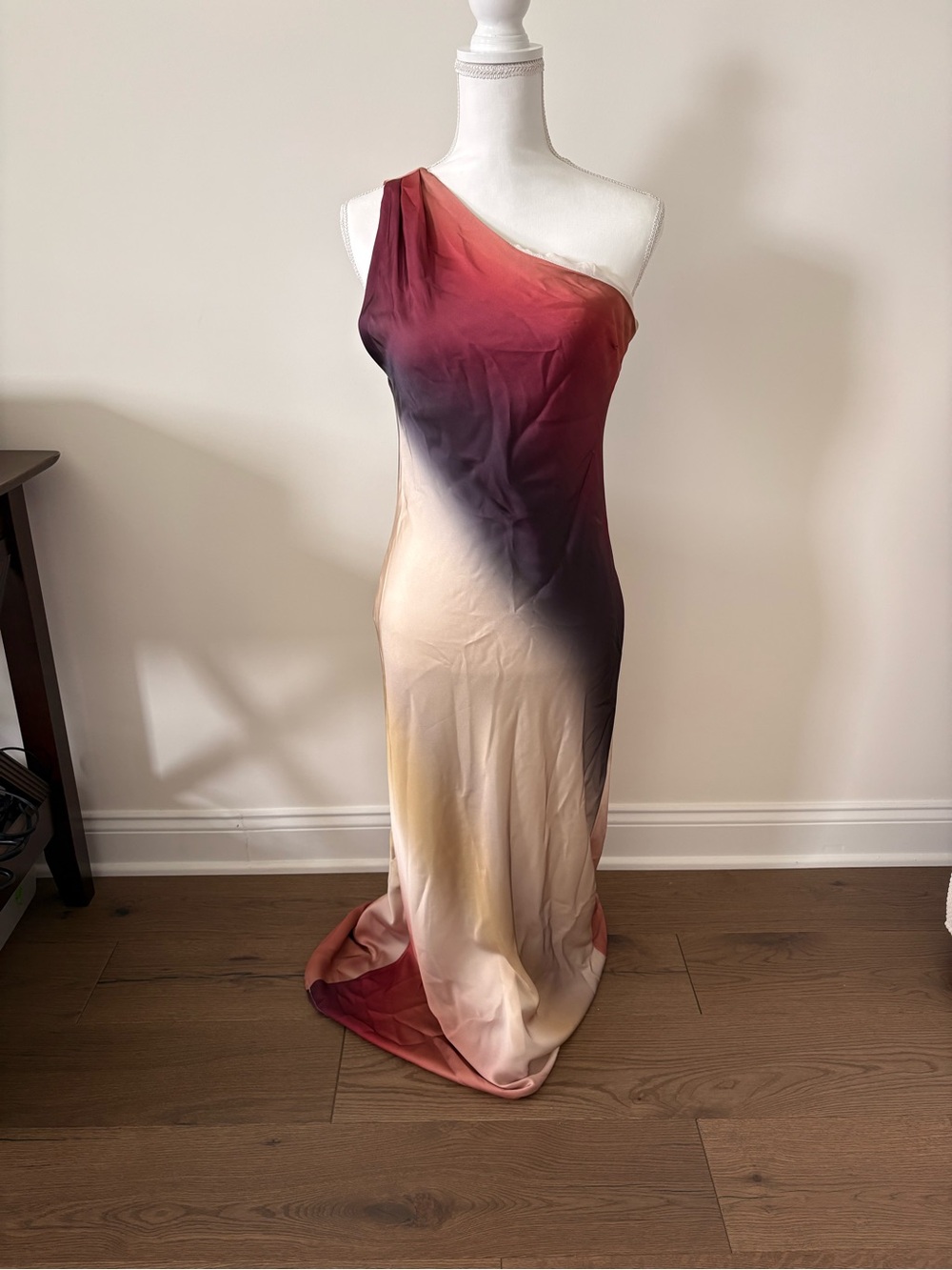 Zara One-Shoulder Ombre Maxi Dress in Red, Cream and Black